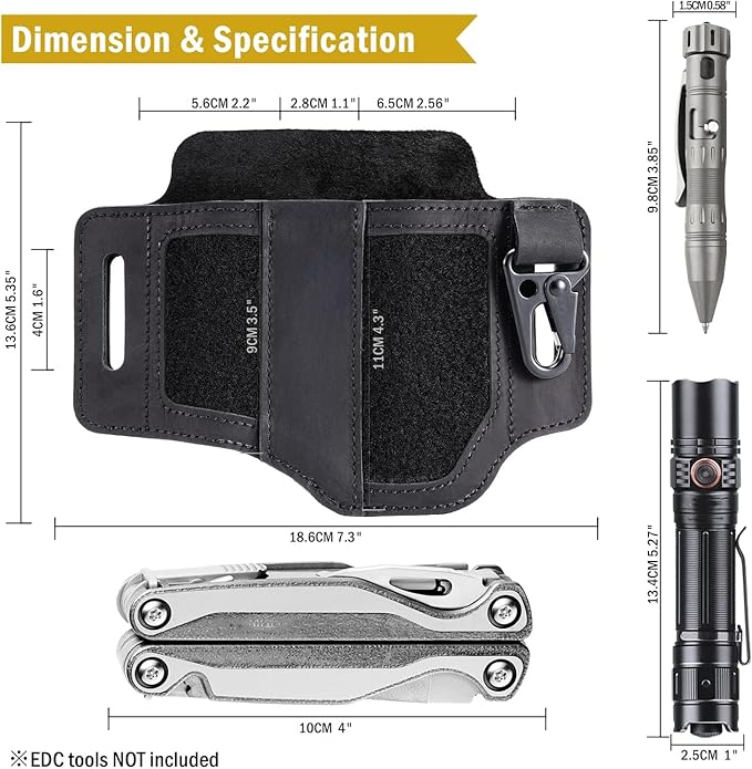 VIPERADE PL3 Multitool Sheath, Leather Sheath with DIY Patch Area, EDC Pocket Organizer for Men, Leatherman Sheath Flashlight Holder with Pen Holder, EDC Belt Organizer with Key Holder (A-Black)
