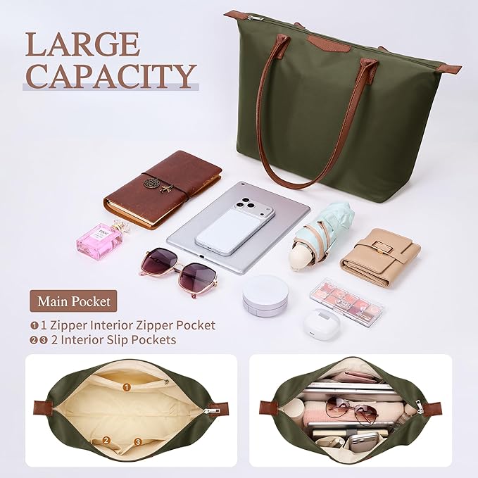 Tote Bag for Women, Nylon Top-Handle Purse with Zipper, Lightweight Foldable Shoulder Hobo Handbag