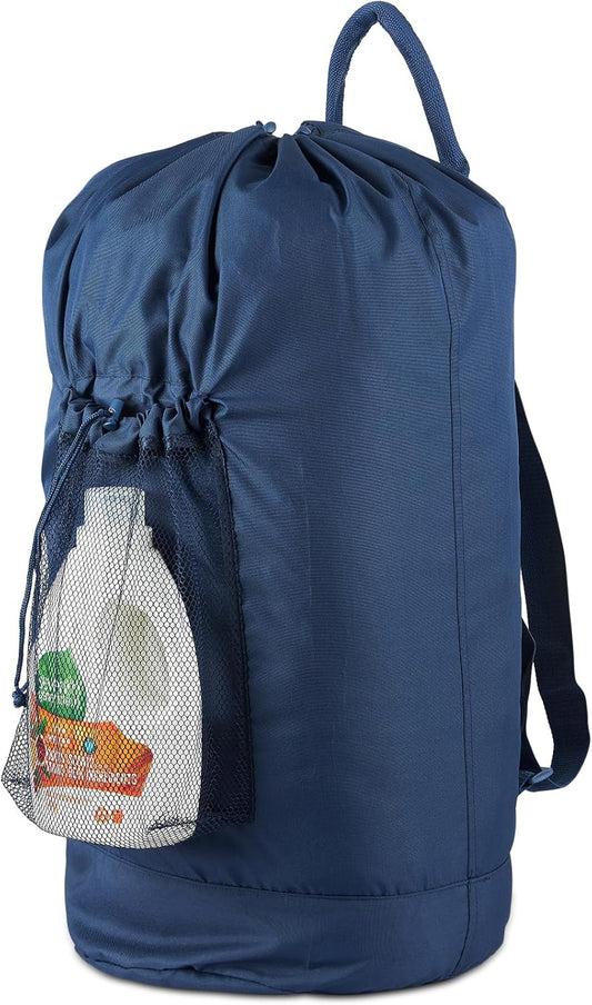 Laundry Bag Backpack with Detergent Holder and Adjustable Shoulder Straps, Clothes Laundry Backpack for College, Travel, Apartment, Laundromat, Dorm Room (Blue)
