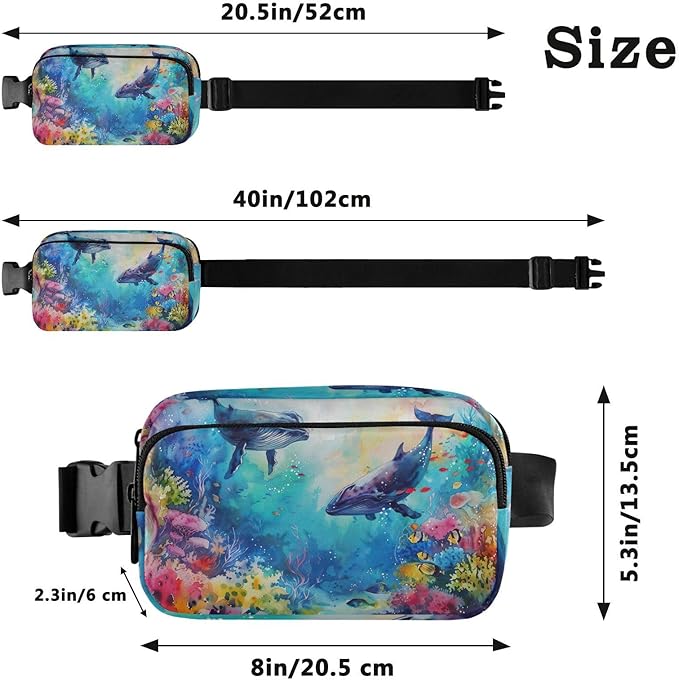 Watercolor Ocean Sea Whales Coral Fanny Pack for Women Men Water Resistant Fashion Waist Packs with Adjustable Strap Belt Bag for Travel Workout Jogging Hiking 21220600