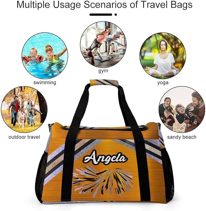 Orange Cheerleading Cheering Silver Stripes Crossbody Bag Customized Duffel Bags (Store Shoes) Weekender Overnight Bag Travel Bag Personalized Gift Gym Bags