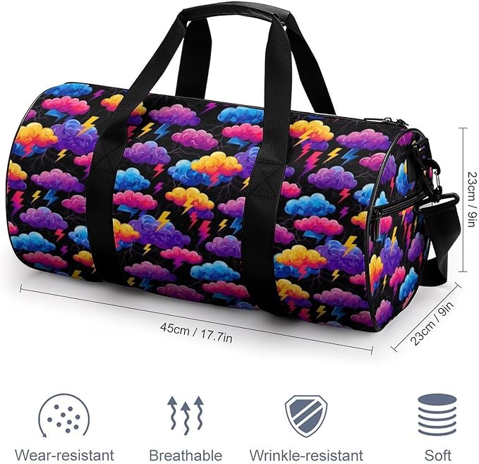 Weekender Carry on Beach Yoga Overnight Luggage Bag Unique Lightning Bolt Storm Clouds Pattern Print Gym Sports Duffle Bag Dance Gymnastics Bags