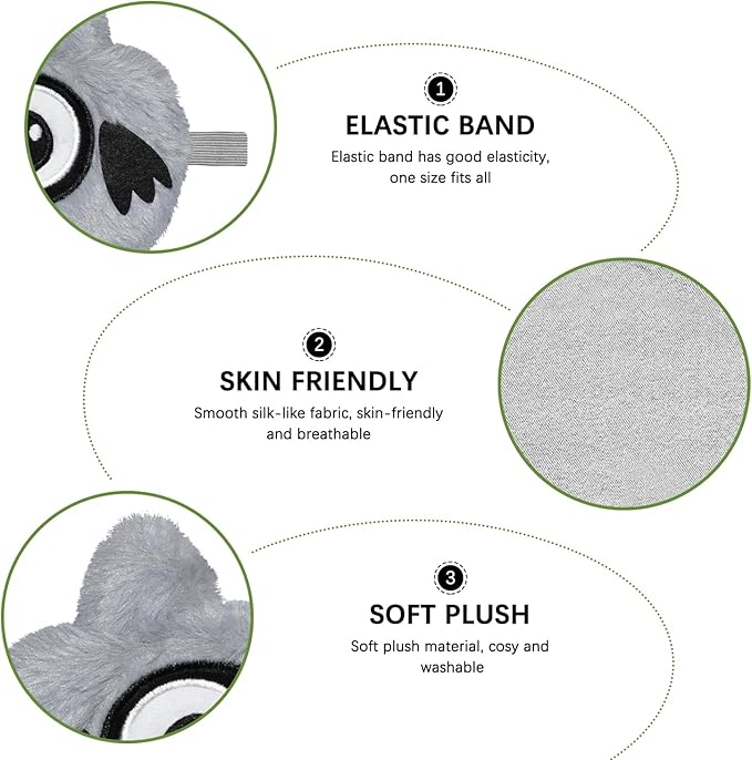 Cute Owl Plush Sleep Mask - Soft Fluffy Eye Cover Blindfold for Kids, Girls and Adults - Gray