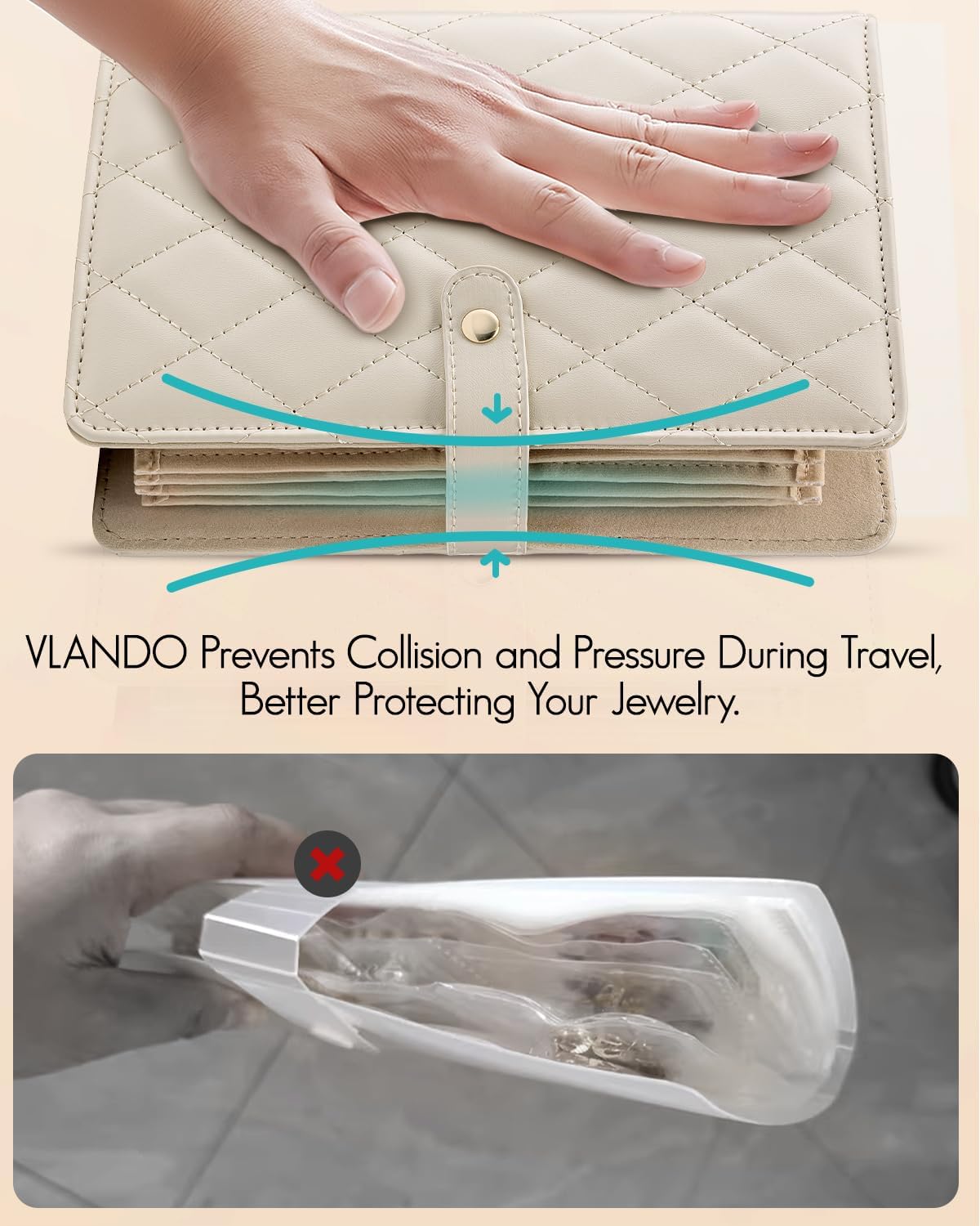 Vlando Teacher Gifts for Women,Travel Jewelry Organizer Case,Jewelry Storage Book Ring Binder with Clear Zipper Velvet Jewelry Pouches Bags for Rings,Necklace,Earrings-Cream White