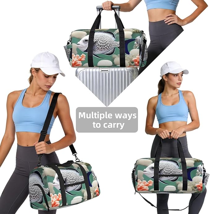 White Tropical Fish Print Gym Bag with Shoe Compartment for Women Men, 17.7in Sports Duffle Weekender Tote, Overnight Travel Duffel Bag Carry On