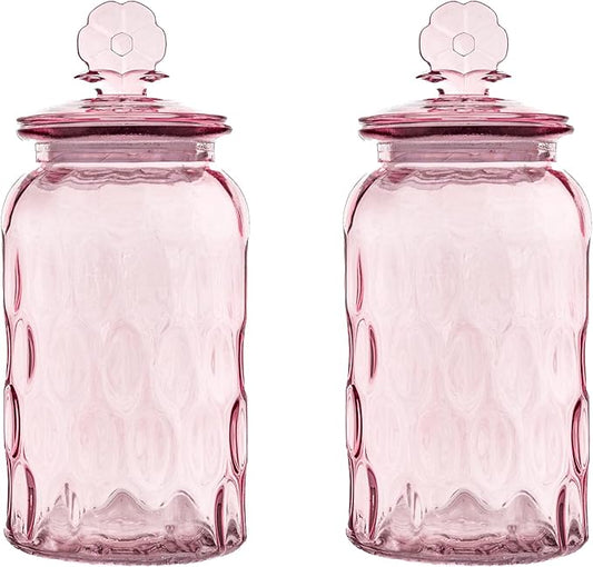 10 Strawberry Street Textured Glass Flower Canister, Dimpled Round, Pink, Set of 2