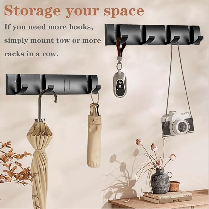 Folding Coat Hooks, Wall Mounted Coat Rack with 8 Retractable Hooks, Heavy Duty Towel Rack for Bathroom Wall Hook for Hanging Clothes Bathrobe, Stainless Steel Coat Hanger for Entryway(Black)
