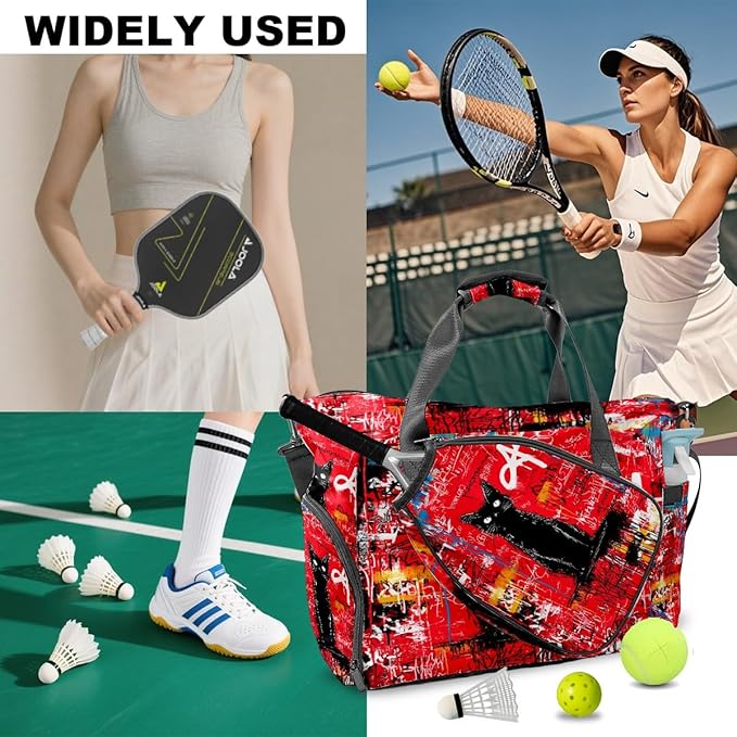 Artistic Black Cat Red Gym Bag for Women & Tennis Bag, Large Sports Duffel Bag Waterproof with Ventilated Shoe Compartment & Front Racket Sleeve, Lightweight Travel Weekender Overnight Bag