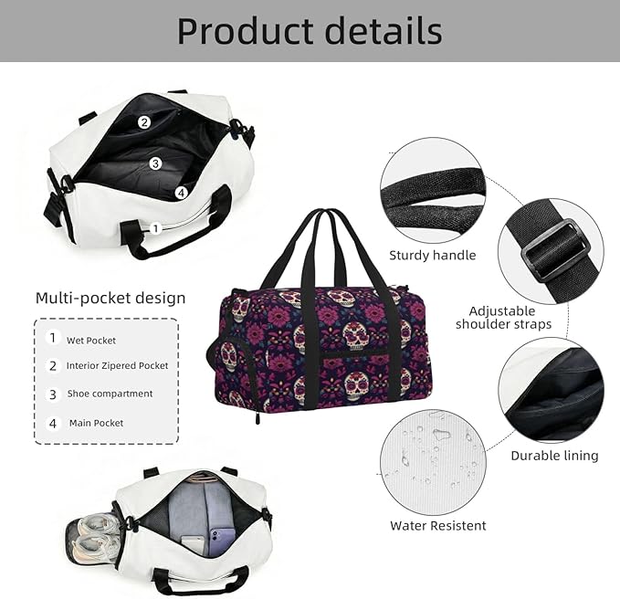Sports Gym Bag Mexican Sugar Skulls Ethnic Flower Travel Duffel Bag With Shoe Compartment Shoulder Strap, Lightweight Water-Resistant Weekend Overnight Totes For Women Men