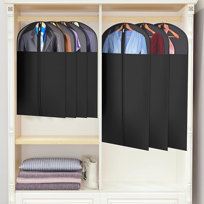 Univivi Garment Bag Suit Bag for Hanging Clothes, 40" Lightweight Full Zipper Washable Suit Cover with Large Visible Window for Suit Coat, Jacket, Sweaters (Set of 6), Black