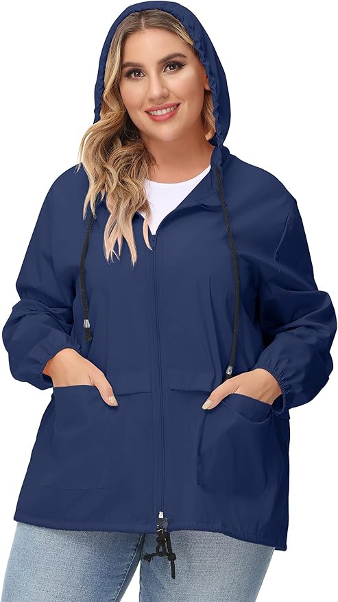 Avoogue Plus Size Raincoat Women Waterproof Rain Jacket Packable Outdoor Hooded Windbreaker