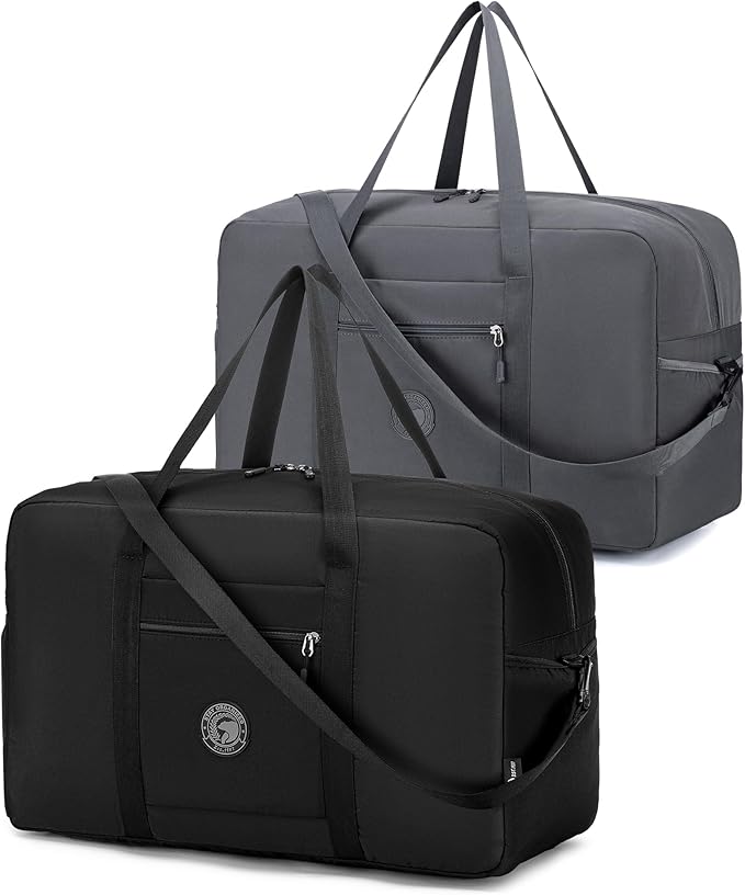 2 Packs Carry on Bag 22x14x9 Airlines Approved, 48L Canvas Travel Duffel Bags for Men Women Duffle Bag for Airplane Weekender Overnight Gym (Black+Grey)