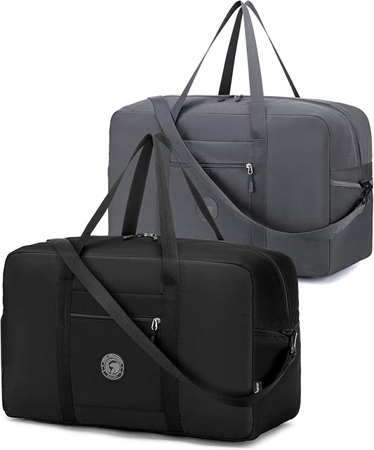 2 Packs Carry on Bag 22x14x9 Airlines Approved, 48L Canvas Travel Duffel Bags for Men Women Duffle Bag for Airplane Weekender Overnight Gym (Black+Grey)