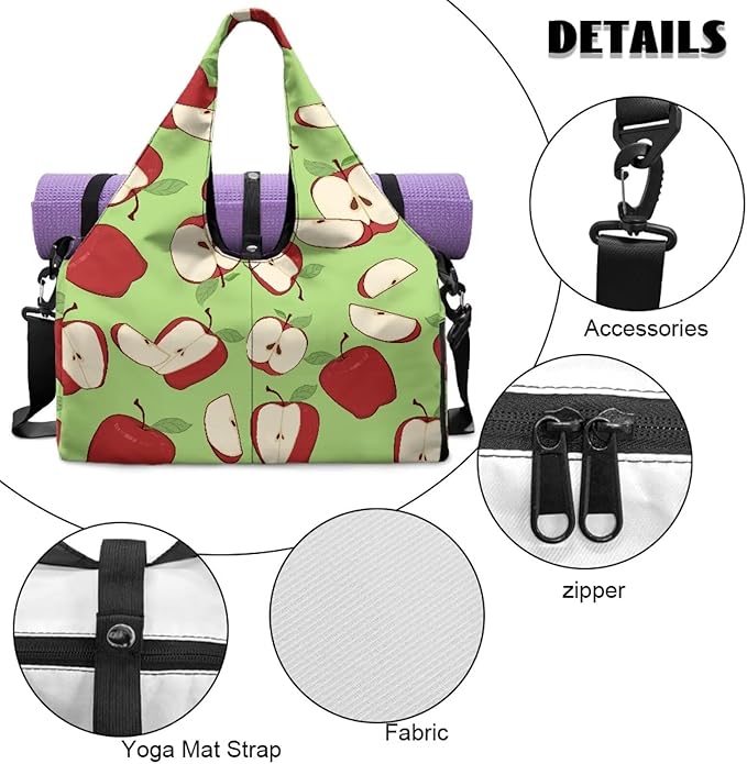 Apple Print Gym Bag that Holds Yoga Mat for Women Portable Green Duffel Bag with Pockets, Workout Bag with Shoe Compartment, Fitness Workout Sports Bag