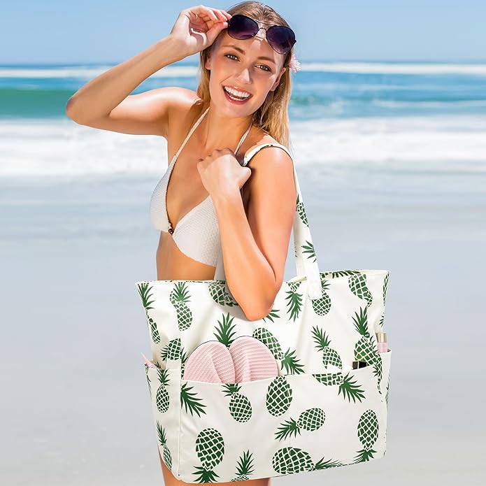 Iioscre Beach Bag for Women, Causal Hobo Pool Bags with Zipper Inner Pocket, Foldable Swim Tote Bag for Vacation Essentials