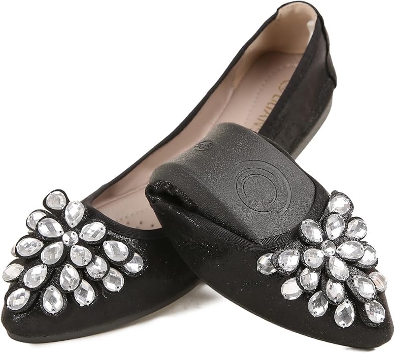 Flats Shoes for Women Rhinestone Wedding Ballerina Shoes Foldable Sparkly Comfort Slip on Flat Dressy Flats