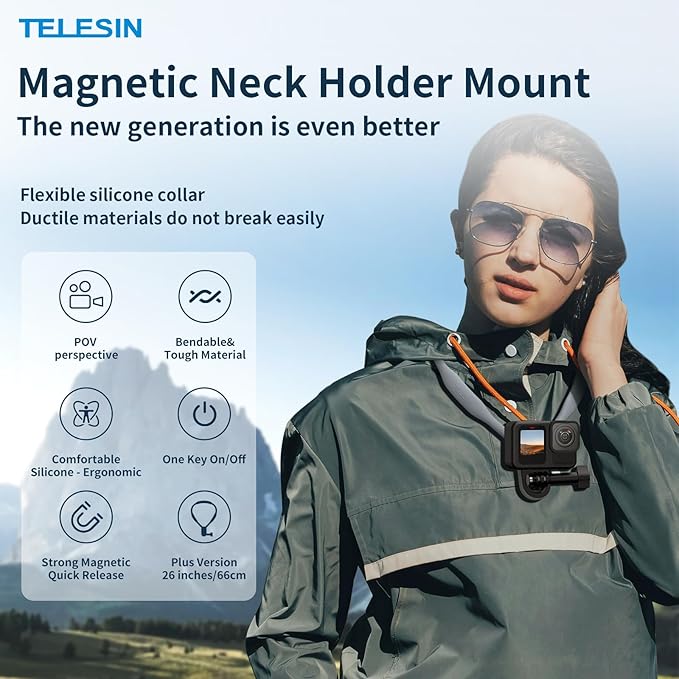 TELESIN Plus Magnetic Neck Mount for Go Pro Phone Holder, Quick Release POV Video Vlog Flexible Angle Necklace Holder for GoPro Hero 13-5 Insta360 X5 X4 X3 Osmo Nano Action 3 4 5 Pro 6 iPhone Android