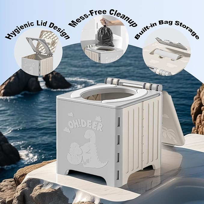 9.1" Foldable Travel Potty - Compact Collapsible Portable Toilet Seat with Cleaning Bags for Car, Camping, Outdoor Use, Supports Kids (Grey)