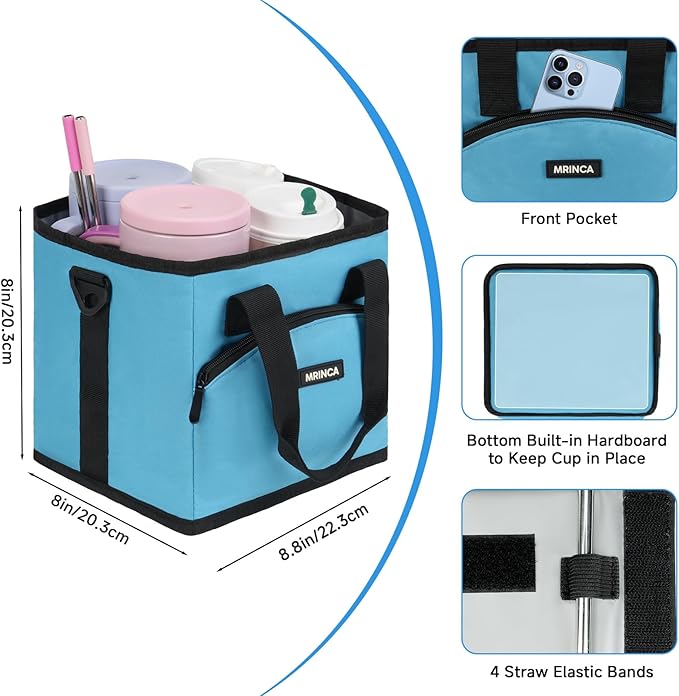 Reusable Drink Carrier with Handle – Insulated, Collapsible 4-Cup Beverage Bag with No-Spill Base, Adjustable Dividers & Shoulder Strap, Portable Caddy for Delivery, Car and Travel, Blue