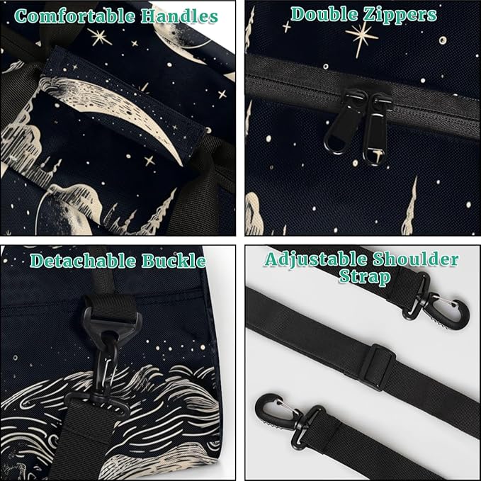 Moon Star Castle Gym Travel Duffle Bag for Women & Men with Front Zipper Pocket for Sports, Overnight, Weekender, Carry On,Workout & Dance Bag,Retro Moon,18.9 * 8.7 * 10.6 in