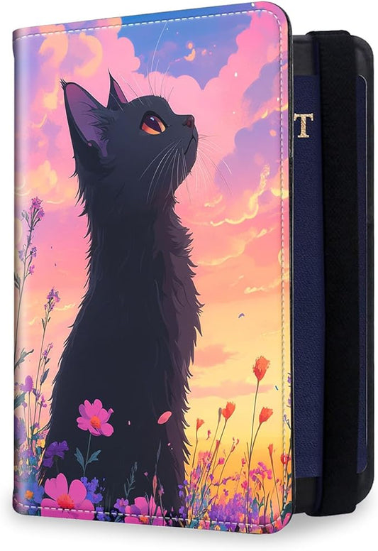 Passport Holder for Travel, RFID Blocking Passport Holder Travel Walle, Passport and Vaccine Card Holder, Vacation Must Haves Travel Accessories for Men Women, Cat's Sunset Gaze