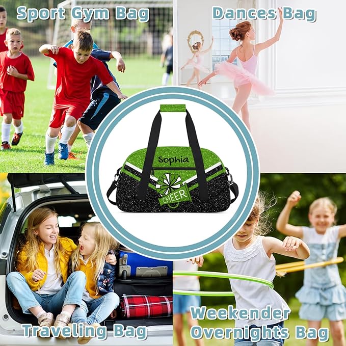 Personalized Glitter Green Cheer Bag for Cheerleaders, Custom Sport Gym Bag Dance Bag Travel Duffle Bag Cheerleading Gifts for Women