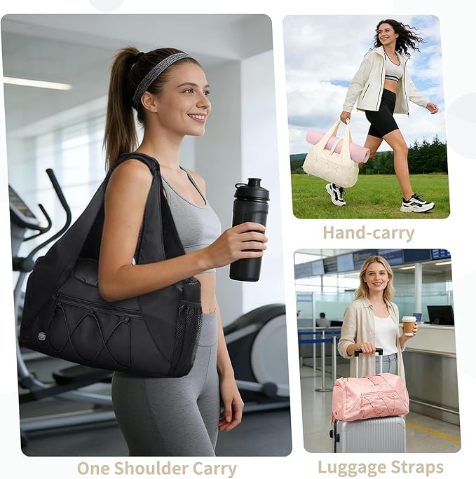 Small Gym Bag for Women, Mini Duffel Bag with Shoe Compartment, Cute Sports Tote Bag Dance Yoga Mat Luggage with Crossbody Water Bottle Bag, Black