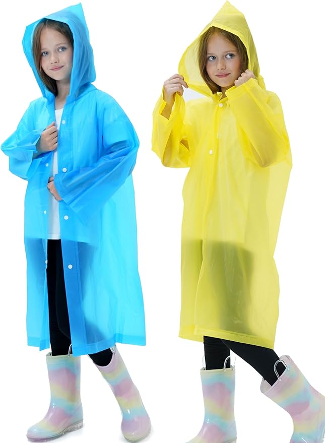 2 Pack Raincoats for Kids, Reusable Rain Ponchos with Hood and Sleeves Rain Coats for Boys and Girls