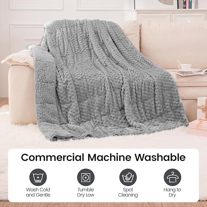 Super Fuzzy Soft Fleece Sherpa Weighted Blanket 15 lbs for Adults, 3D Imitation Turtle Shell Luxury Weighted Throw for Better Sleep, Dual Sided Cozy Heavy Blankets for Couch Bed, Grey, 60" x 80"