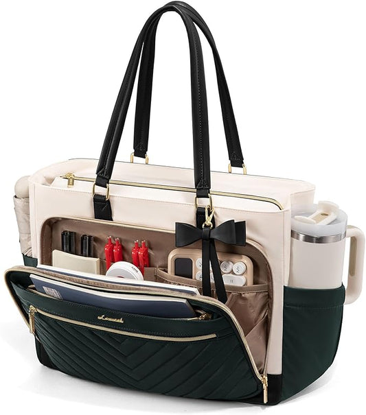 LOVEVOOK 17 Inch Laptop Work Bag for Women, Teacher Tote with Large Cup Holder, Work Bag with Organized Multi-Pockets, Ideal for Daily Use, Dark Green-Beige-Black