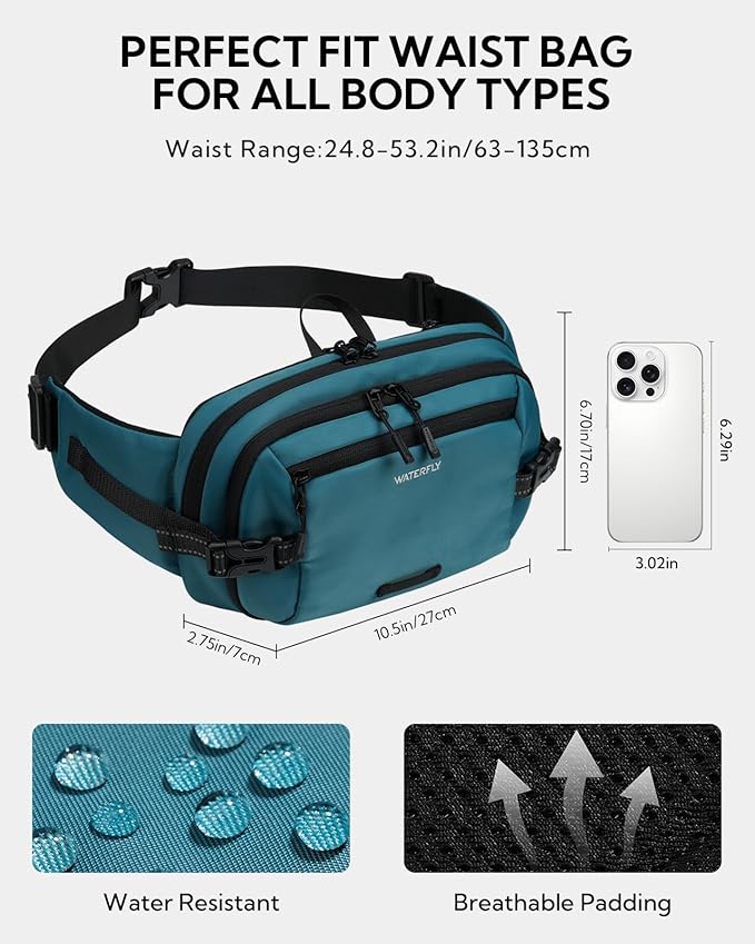 WATERFLY 3L Large Fanny Pack, 180° Opening Hip Pouch with Multi-Pockets, Anti-Theft RFID Blocking Waist Bag for Women Men Traveling Hiking Daily Use