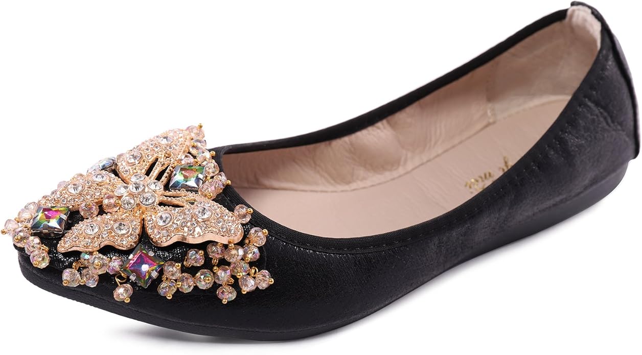 Womens Ballet Flats Foldable Rhinestone Pointed Toe Comfortable Slip on Wedding Flat Shoes Dress Flats for Women