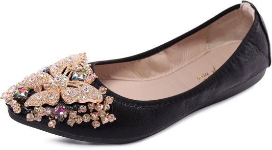 Womens Ballet Flats Foldable Rhinestone Pointed Toe Comfortable Slip on Wedding Flat Shoes Dress Flats for Women