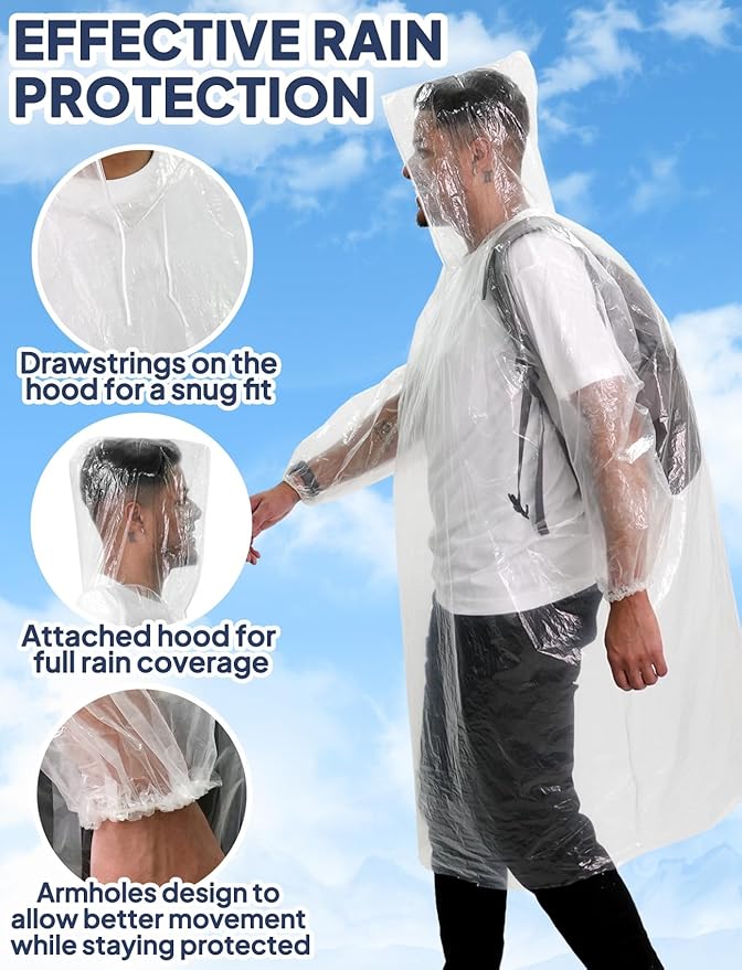 ANYOO Disposable Rain Poncho for Adults Waterproof Emergency Raincoat Lightweight Packable for Outdoor Events Hiking & Travel