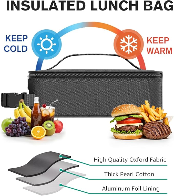 HowFly Small Lunch Bag - Insulated Lunch Box Bag for Women Men - Portable Thermal Reusable Meal Cooler Bags with Buckle Handle for Work School - Black
