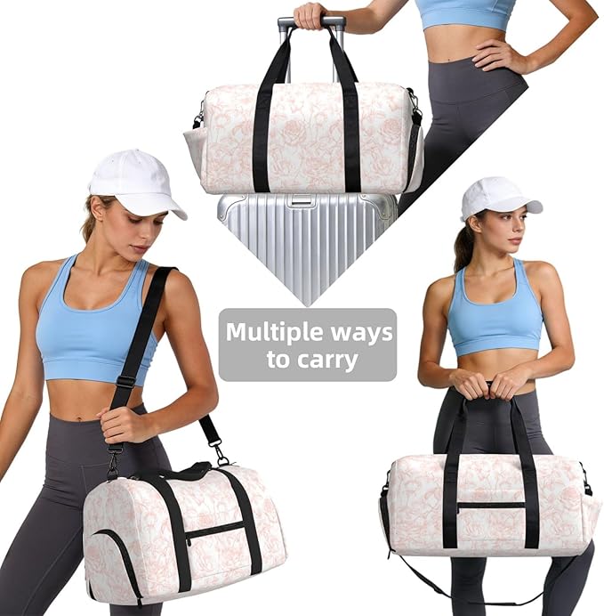 Vintage Botanical Floral Rose Blush Pattern Women'S Gym Duffle Bag With Shoes Compartment, Ideal For Travel, Gym, Sports, Duffel, Weekender