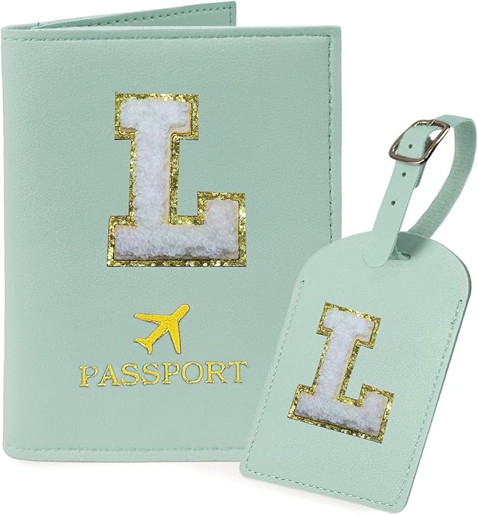 COSHAYSOO Green Passport Cover and Luggage Tag Set for Kids Teen Girls Women with Her Initial Letter, Fashionable Travel Bag Backpack Suitcase Identifier Gifts Teal L