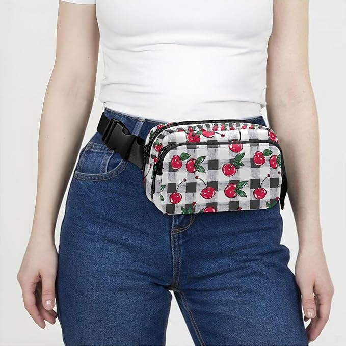 Cherry Fruit Black White Checkered Plaid Fanny Pack for Women Men Water Resistant Fashion Waist Packs with Adjustable Strap Belt Bag for Travel Workout Jogging Hiking 21219426