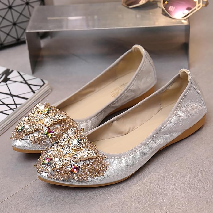 Women Ballet Flats Sparkly Rhinestone Wedding Ballerina Shoes Pointed Toe Foldable Comfort Slip on Flat Dress Shoes
