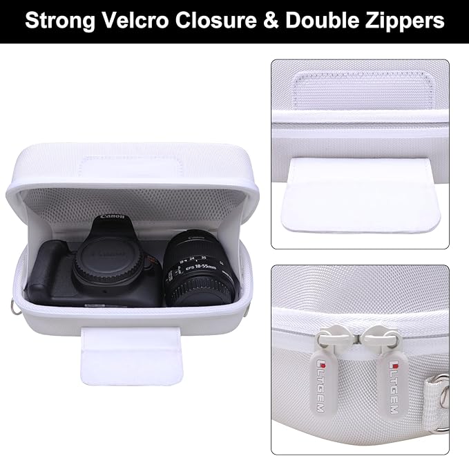 LTGEM Camera Case for Canon EOS Rebel T7 / R50 / R100 / R50 V / T6 / R8 / R10 / RP / SL3 / R5 / T100 DSLR SLR Camera and 18-55mm/18-45mm Lens with Shoulder Strap, White