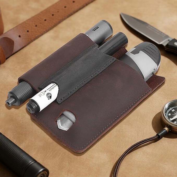 Leather Tool Belt Pouches Tool Holster EDC Pouch with Belt Clip, Multitool Sheath Pocket Organizer Includes Metal Clip, Fits Flashlight, Pen