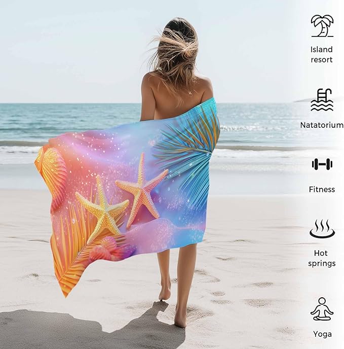 Summer Dreamy Ocean Beach Towel 35" x 71" Starfish Shells Palm Leaves Quick Dry Sand Free Pool Towels Soft & Absorbent Compact Towels Beach Accessories for Travel Bathroom Swimming Pool