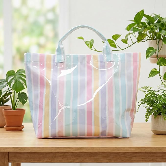 JQWYGB Striped PVC Tote Bag Large Glossy Striped Handbags Waterproof Top Handle Bag Plastic Tote Handbag Beach Travel Work