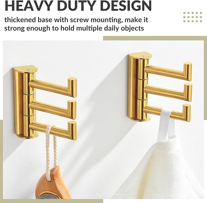 APLusee Brushed Gold Swivel Towel Hook 2 Pack, 304 Stainless Steel Triple Clothes Hook, Wall Mount