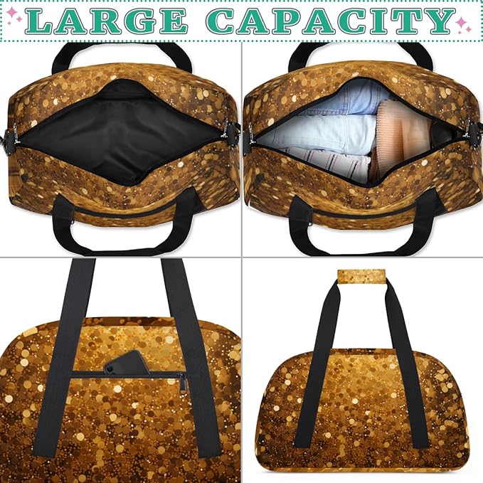 Gold Sequins Glitter Gym Travel Duffle Bag for Women & Men with Front Zipper Pocket for Sports, Overnight, Weekender, Carry On,Workout & Dance Bag,Shining Gold,18.9 * 8.7 * 10.6 in