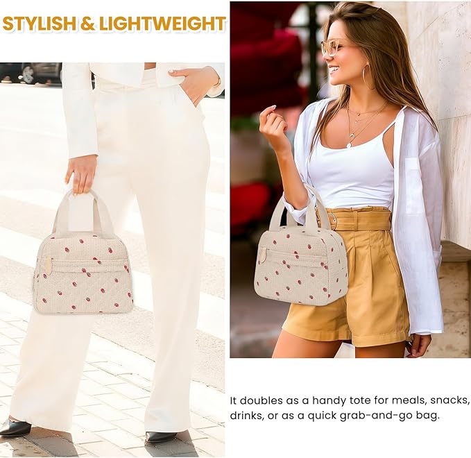 Insulated Lunch Bag for Women, Portable Lightweight Lunch Box for Adults, Reusable Small Lunch Tote Cooler Bags with Front Zipper Pocket for Work School Picnic(Corduroy Strawberry)