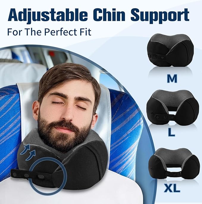 Neck Pillow for Traveling, Travel Pillows for Airplanes,100% Pure Memory Foam Travel Neck Pillow, Adjustable Flight Pillow, Portable Plane Accessories with Eye Mask, Earplugs, Carry Bag