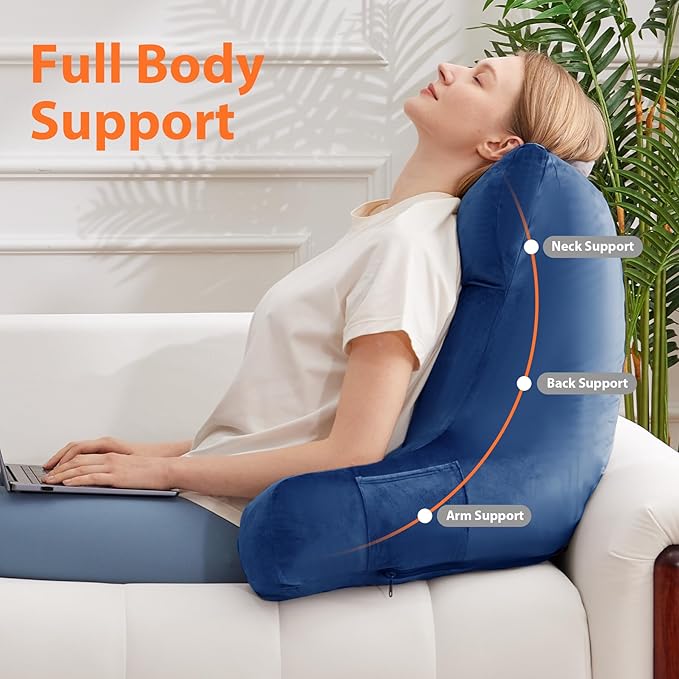 Reading Pillow with Arms for Adult, Back Pillow for Bed Sitting Up, Shredded Memory Foam Backrest Pillow with Pockets & Removable Washable Cover, Lounging, Watching TV, Reading(24" Navy Blue)