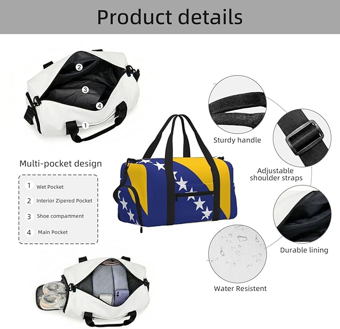 Bosnia and Herzegovina flag Print Gym Bag with Shoe Compartment for Women Men, 17.7in Sports Duffle Weekender Tote, Overnight Travel Duffel Bag Carry On