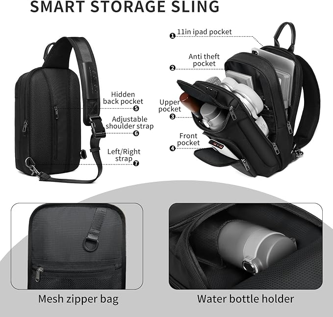 Sling Bag for Men, Anti Theft Sling Backpack, Mens Crossbody Bag, Shoulder Chest Bag for Travel, Casual (Black)